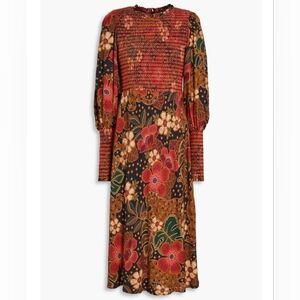 FARM RIO Floral Leopard Smocked Midi Dress in Multi-Color Size Large